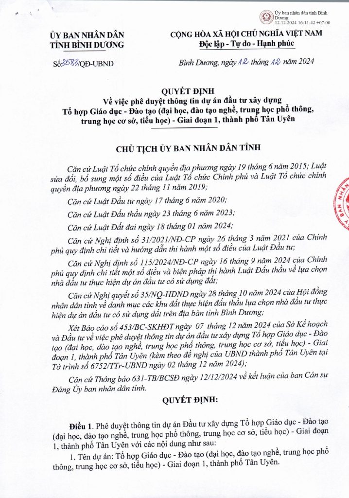 Dự Án Tổ Hợp Giáo Dục tại Tân Uyên