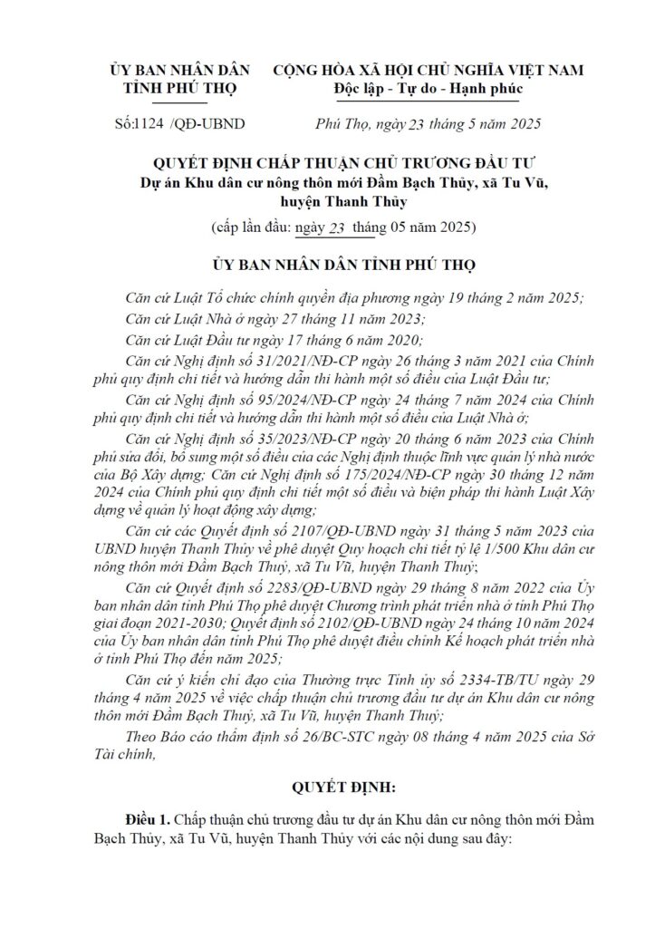 Dự án Khu dân cư nông thôn mới Đầm Bạch Thủy